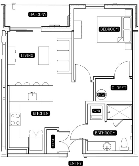 Floor plan for 1 bed, 1 bath, 654 sqft